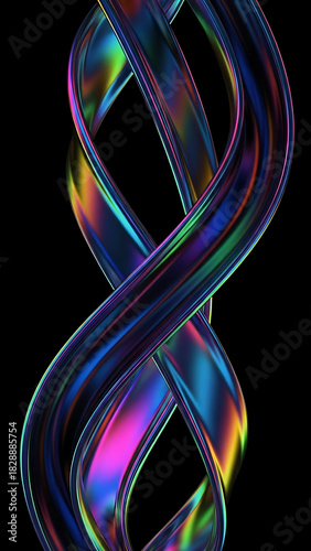 Vibrant abstract iridescent intertwined ribbons on a black background