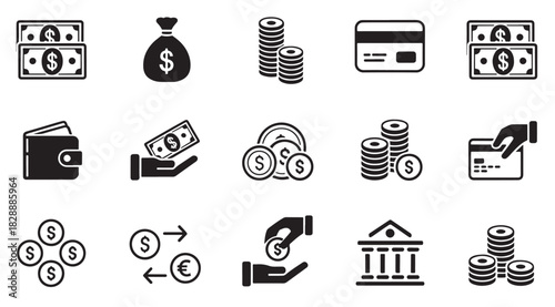Finance Icons Set – Money, Coins, Banking, Payment, Cash Symbols