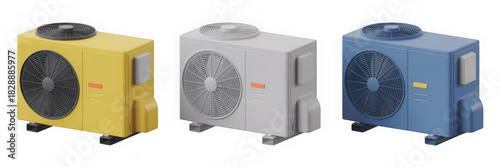  3D Plastic Style Heat Pump Icons Three Units Displayed Side By Side in Various Colors on Transparent Background Showing Detailed Exterior Features