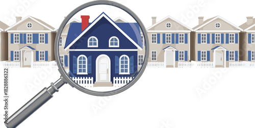 Magnifying glass selecting and highlighting a distinct blue house in a row of beige houses, representing real estate search, home inspection, and property analysis.