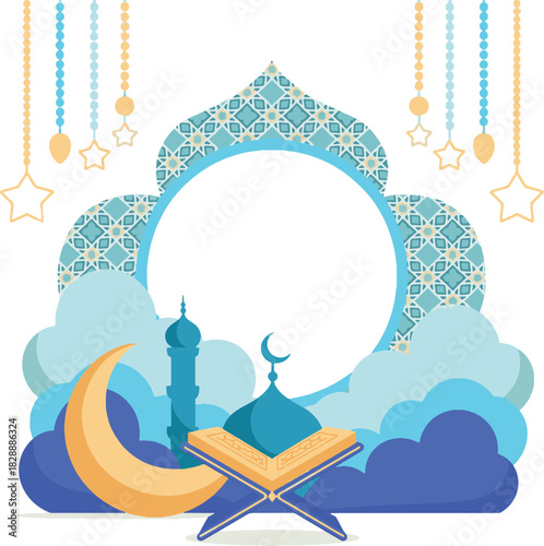 quran holy book open on rehal stand with mosque silhouette crescent moon and clouds circle frame vector illustration