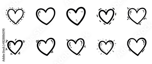 Set of hand-drawn black and white heart icons with sketch doodle style for love, romance, and Valentine design elements