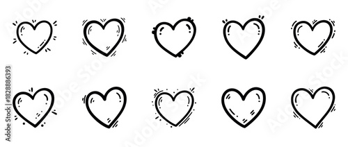Set of hand-drawn black and white heart icons with sketch doodle style for love, romance, and Valentine design elements