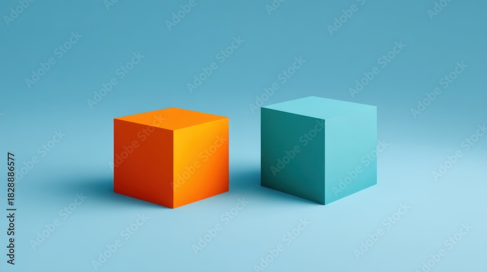 Fototapeta premium Two Geometric Cubes in Vibrant Orange and Soothing Blue on a Minimalist Background, Perfect for Modern Design and Creative Projects