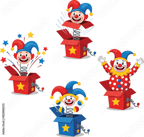Set of Four Cartoon Jack-in-the-Box Toys with Clowns Popping Out on a Spring, Simple Vector Illustration of Surprise and Fun Entertainment