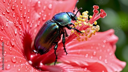 Iridescent insect on vibrant flower petal with water droplets