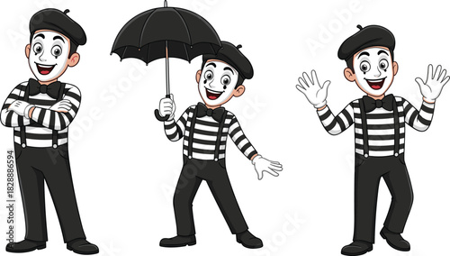 Set of Three Funny Cartoon Mime Artist Poses, Including Umbrella and Waving Gestures, Vector Illustration for Performance and Entertainment