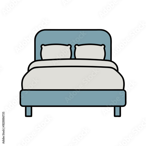 Minimalist Vector Art of a Double Bed with Two Pillows and a Duvet in a Sticker Style on a Pure White Background