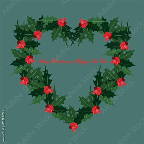 Merry Christmas & Happy New Year banner Christmas holly heart shaped, holly on green design element stock vector illustration