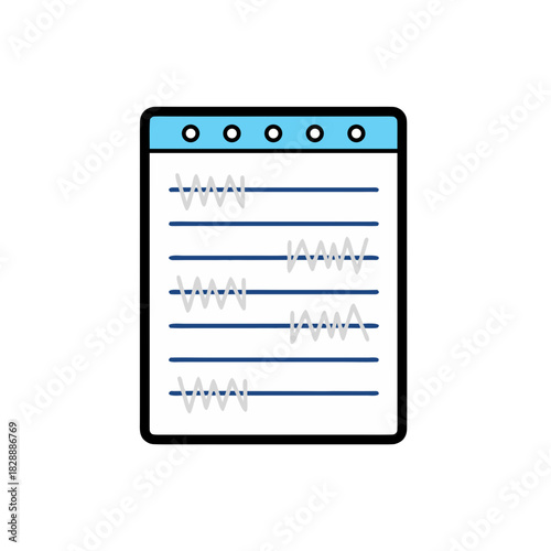 Minimalist vector art of a notepad with blue lines and gray scribbles representing data or notes on a clean white background with a blue top border and circular holes for binding