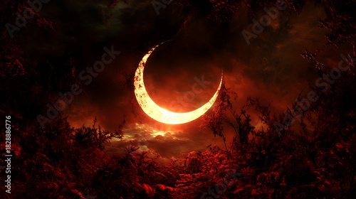 Crescent moon over red landscape high resolution image