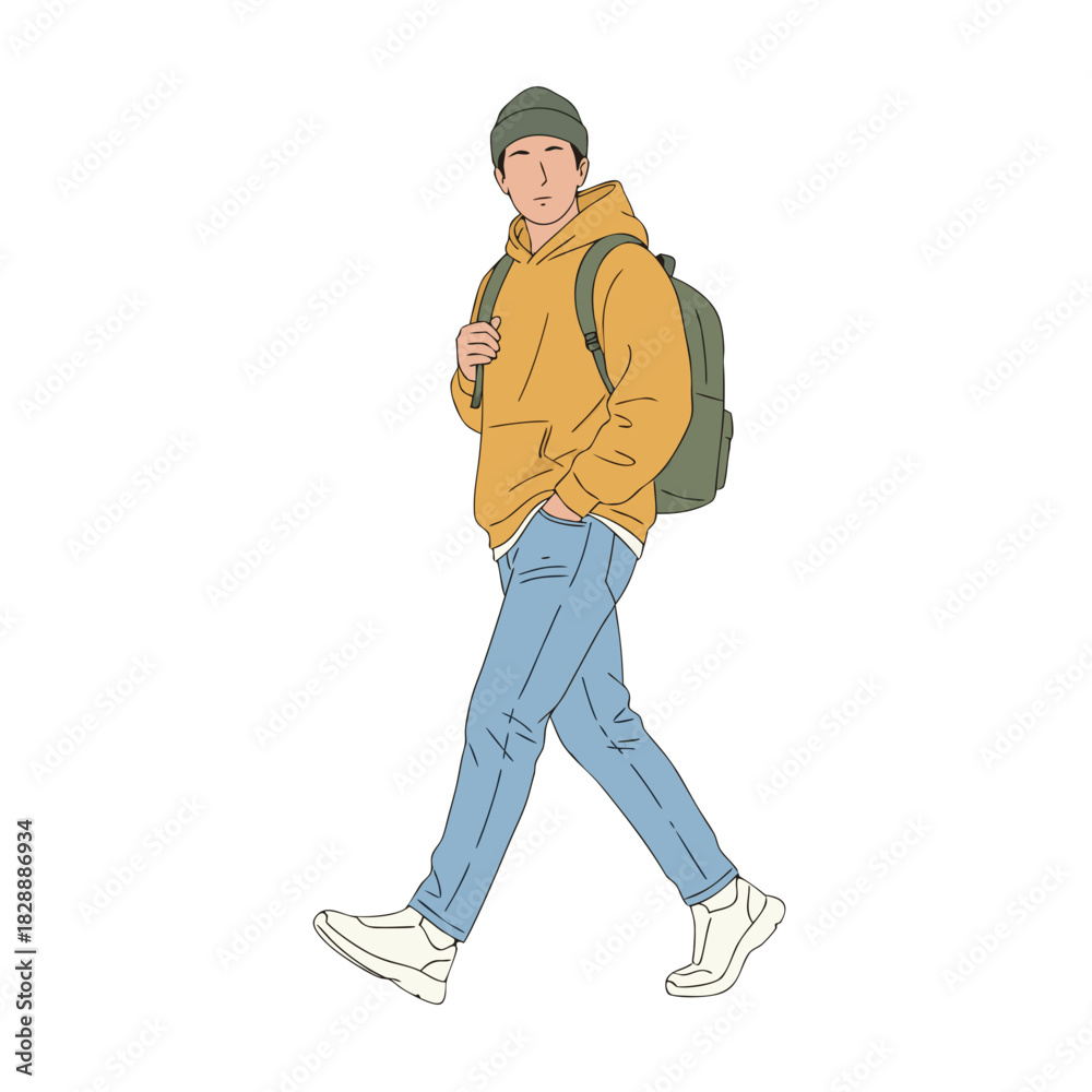 Naklejka premium Minimalist Vector Drawing of a Young Man Walking Side View Dressed in a Yellow Hoodie Blue Chinos and Green Beanie Carrying a Backpack Outdoor Lifestyle Concept