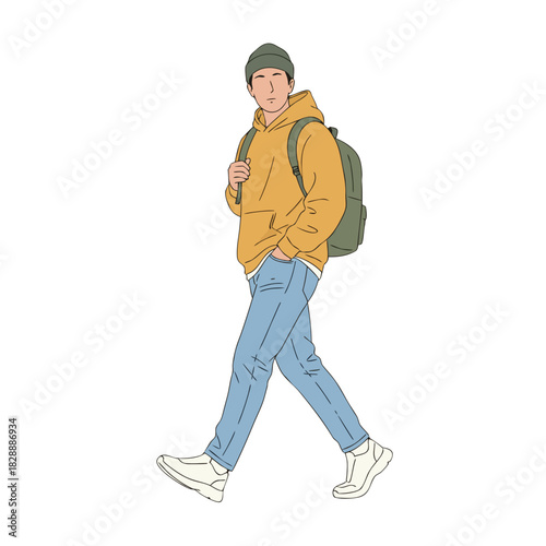 Minimalist Vector Drawing of a Young Man Walking Side View Dressed in a Yellow Hoodie Blue Chinos and Green Beanie Carrying a Backpack Outdoor Lifestyle Concept
