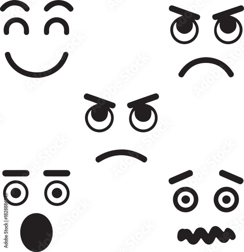 Five black cartoon faces showing different emotions on white background expression black and white