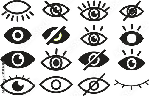 Eye icons set: visibility, invisibility, hidden, view, watch, privacy, open, closed, perception