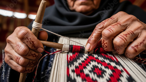 Close-up of elderly artisan woman's hands with henna weaving traditional colorful Sadu textile using wooden loom