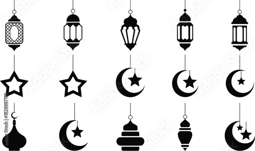 Elegant islamic lantern and crescent moon vector silhouettes perfect for ramadan eid and muslim holiday decorations invitations and cultural designs black and white