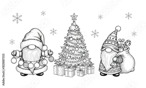 A whimsical hand-drawn illustration of three festive gnomes celebrating Christmas with a decorated tree, gifts, and snowflakes in sketch style