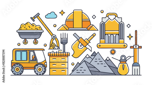 A Minimal Mining Icon Illustration of Excavator and Equipment