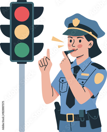 Police officer blowing whistle near traffic light with red and yellow lights on woman female