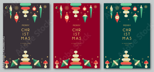 Set of Christmas holiday flat posters with tree toys, baubles, knick knacks, decorations. Christmas greeting card design. Vector illustration.