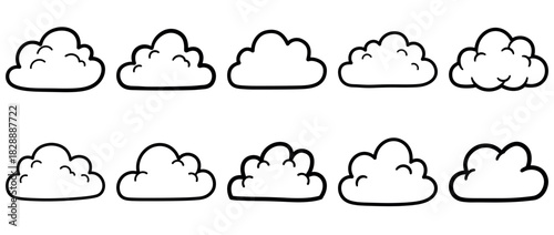 Collection of hand drawn cartoon cloud icons with transparent background, sketch style doodle weather elements for design and illustration use