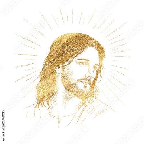 Golden portrait Jesus Christ Freehand. He is risen. Texture of writing materials. Handwritten pencil strokes. Hand drawn christian biblical line art. Christianity symbol.