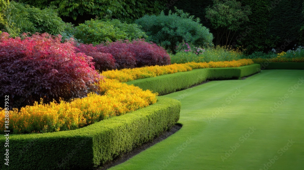 Obraz premium Lush and Vibrant Landscaping with Colorful Flower Beds and Pristine Green Lawn in Beautiful Garden Setting