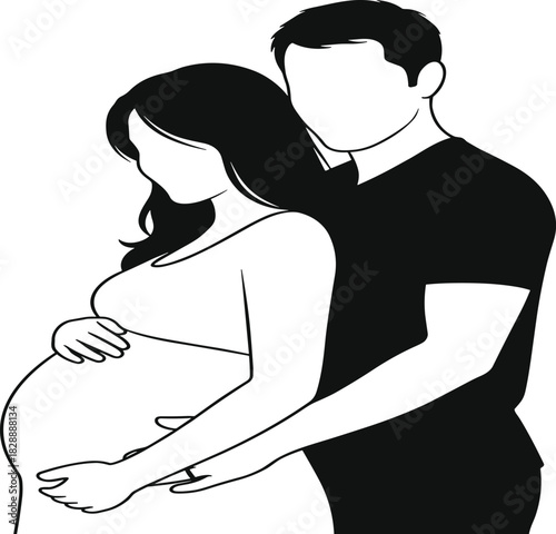Pregnant woman silhouette with partner hugging belly, intimate couple expecting baby, family love, maternity support, parenthood concept illustration vectorPregnant woman silhouette with partner  