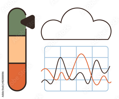 Cloud with fluctuating line chart and color-coded gauge measuring metrics. Ideal for analytics, data monitoring, performance tracking, technology, efficiency, cloud computing, simple flat metaphor