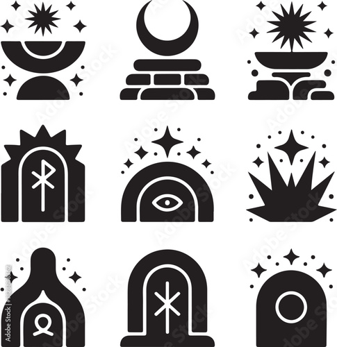 Mystical Symbols Icons Collection Celestial and Esoteric Elements Black and White
