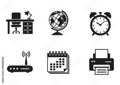 Set of six black office and technology icon silhouette