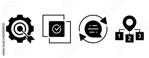 Process and communication icons: gear, checkmark, arrows, and location