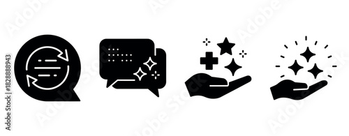 Communication icons: dialogue, speech, support, magic sparks