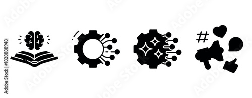 Set of technology and communication icons: brain, ai, social interaction, mechanism