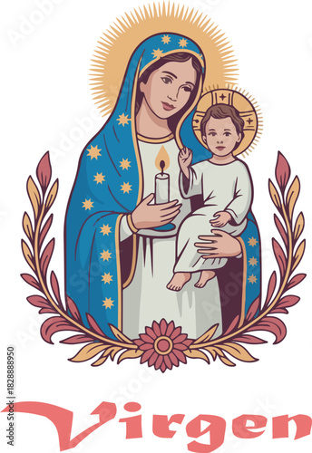 Virgen de la Guadlupe with flower logo vector white background .