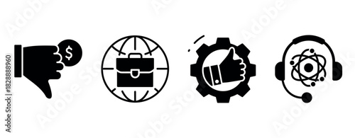 Business success and global communication icons with innovative gear and customer support