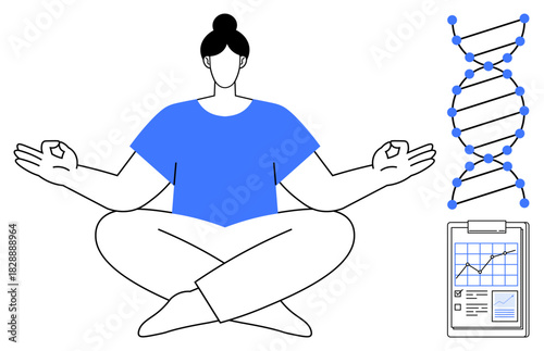 Woman in meditation pose emphasizes relaxation and balance. DNA strand and data chart symbolize genetic studies, scientific research, healthcare, biomedicine, wellness, stress management. Simple flat