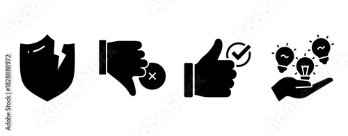 Black and white icons: broken shield, thumbs down, thumbs up, hand with light bulbs