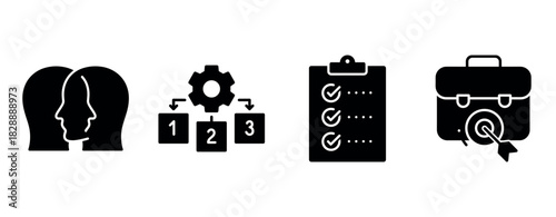 Silhouette icons: teamwork profile, process gear, checklist, target briefcase