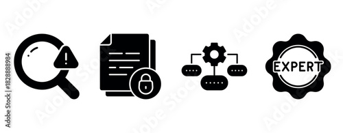 Data security icons: magnifying glass, document, workflow, and expert badge