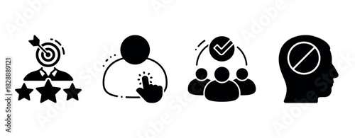 Icon set: target achievement, user selection, team collaboration, no access