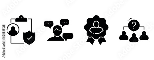 Icons representing user verification, customer support, certification, team hierarchy