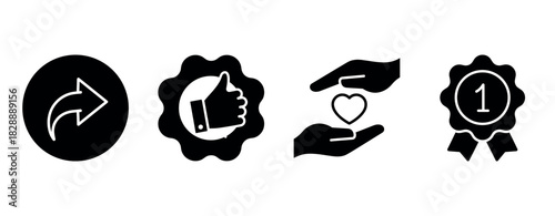 Arrow, thumbs up, heart hands, number one badge icons in black