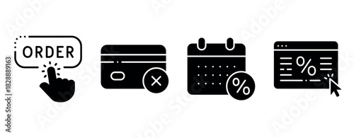 E-commerce icons: order, credit card decline, calendar discount, online offer