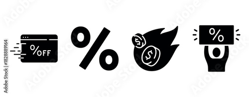 Discount icons: percentage, fast sale, money, and savings symbols in black