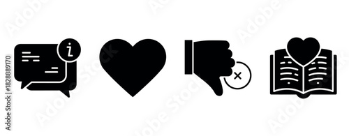 Black icon set: chat box, heart, dislike, heart book