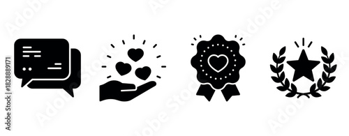 Social media icons: chat, support, badge, achievement symbols in black and white