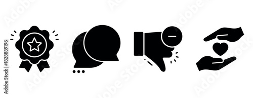 Icons representing award, communication, dislike, and charity in black and white