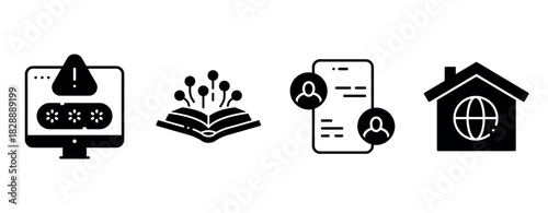 Cybersecurity icons: password alert, knowledge sharing, messaging, global connection